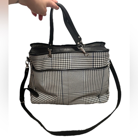 RALPH LAUREN EXTRA LARGE BLACK WHITE BLUE PLAID HOUNDSTOOTH TOTE BAG PURSE - Picture 2 of 9